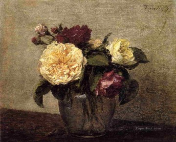  roses Oil Painting - Yellow and Red Roses flower painter Henri Fantin Latour